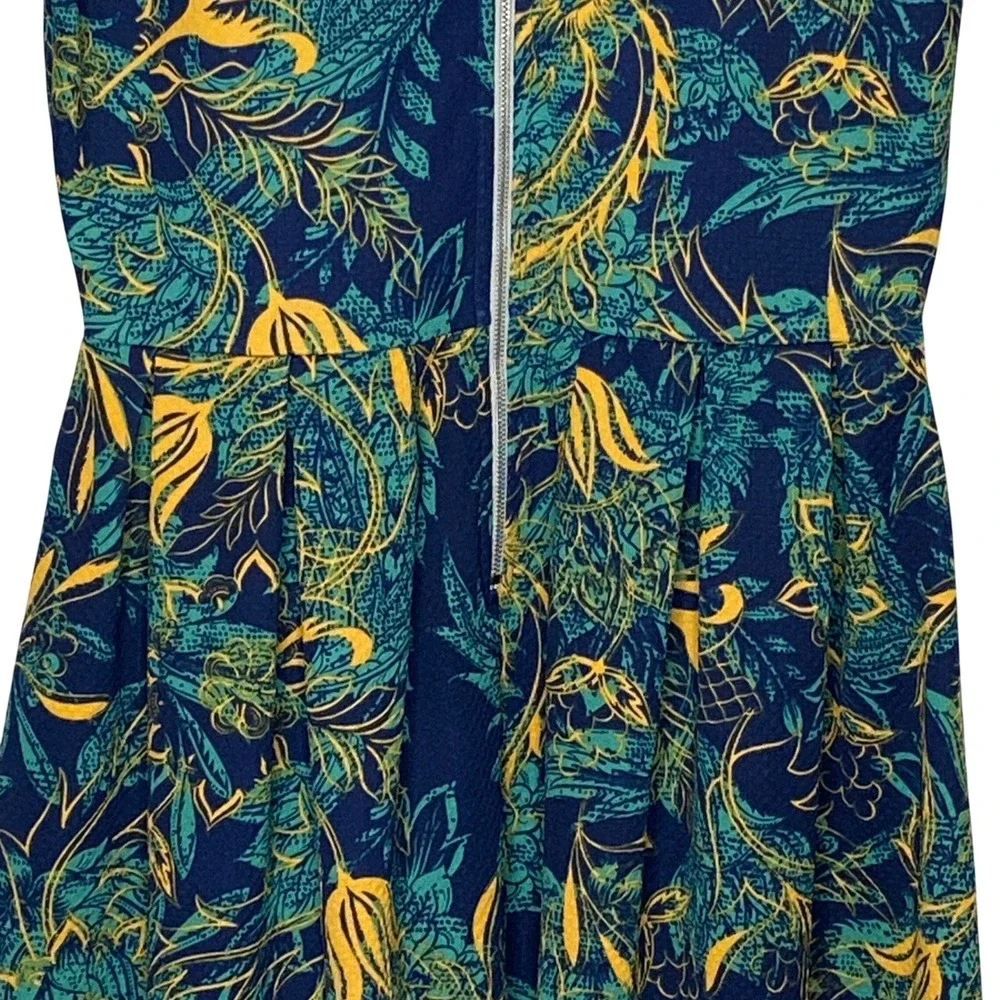 LuLaRoe Amelia Dress Womens Size M Blue Botanical Floral Pleated Stretch Pockets